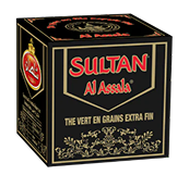 Boîte verte de produit Sultan Najma avec texte arabe et logo